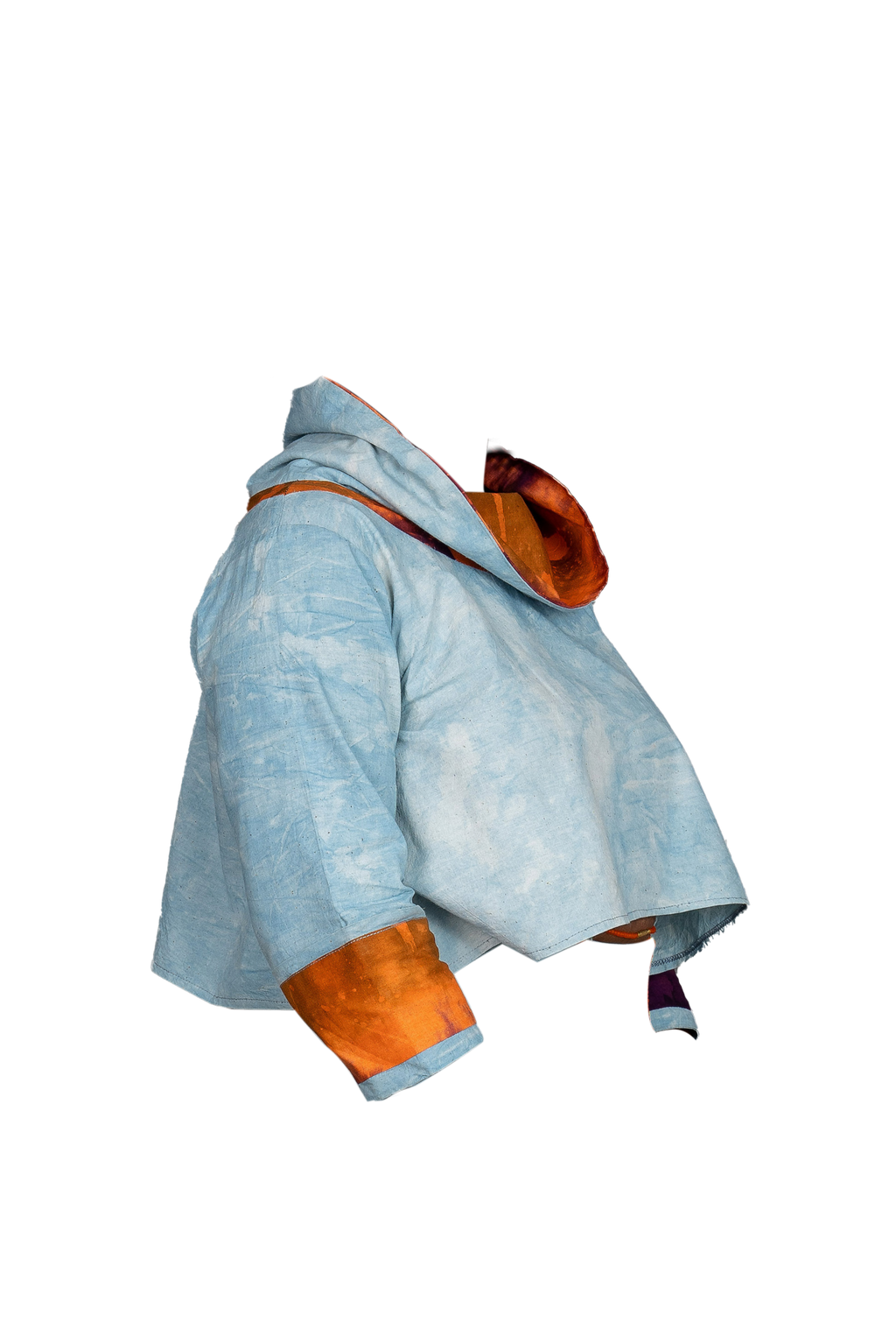 Light blue jacket with orange accents on a white background