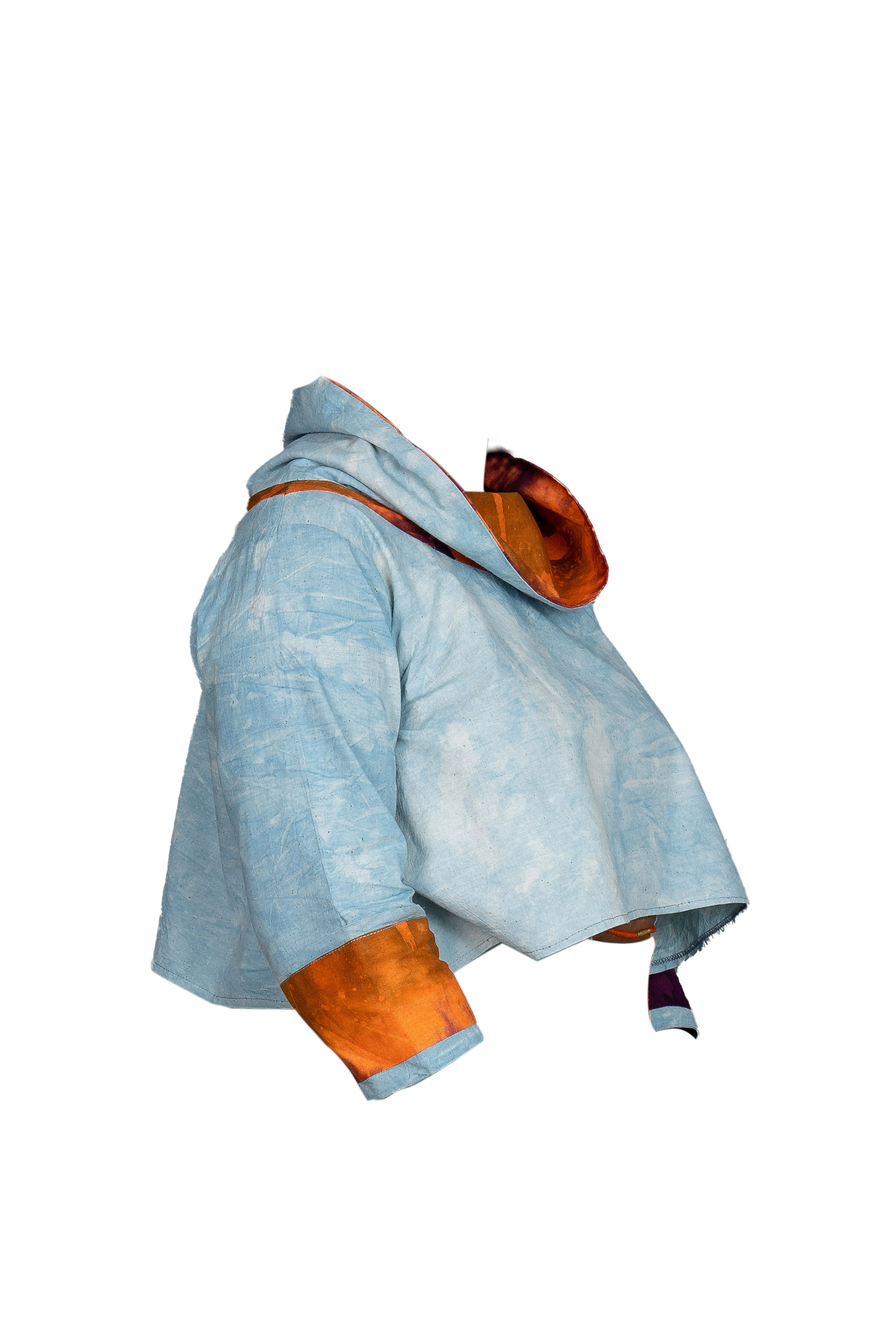 Light blue jacket with orange accents on a white background